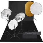 Photo studio set with lighting kit, background, and reflector
