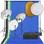 Photo studio set with lighting kit, background, and reflector