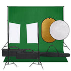 Photo studio set with lighting kit, background, and reflector