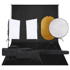 Photo studio set with lighting kit, background, and reflector