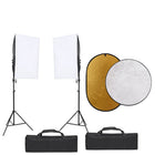 Photo studio set with lighting kit, background, and reflector