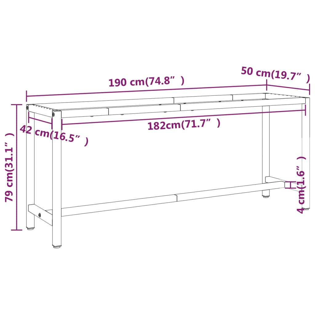Werkbankframe Metaal Matzwart En Matrood 190 x 50 x 79 cm Met 1 stang