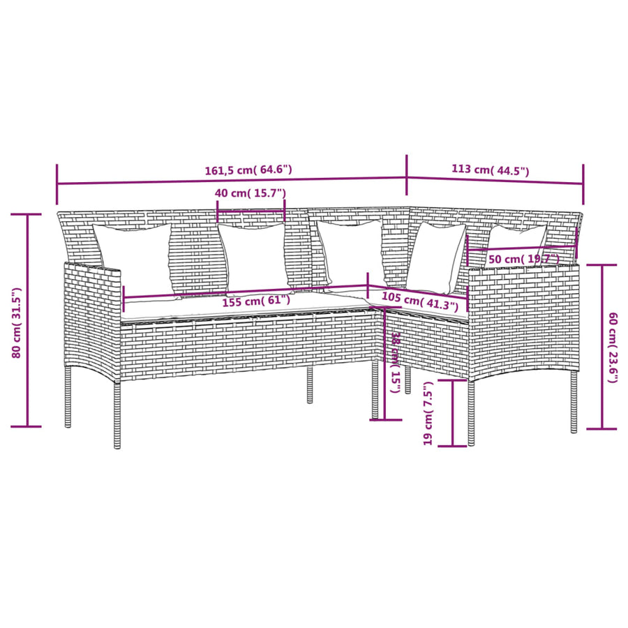 -Delige Loungeset Met Kussens L-Vormig Poly Rattan Zwart