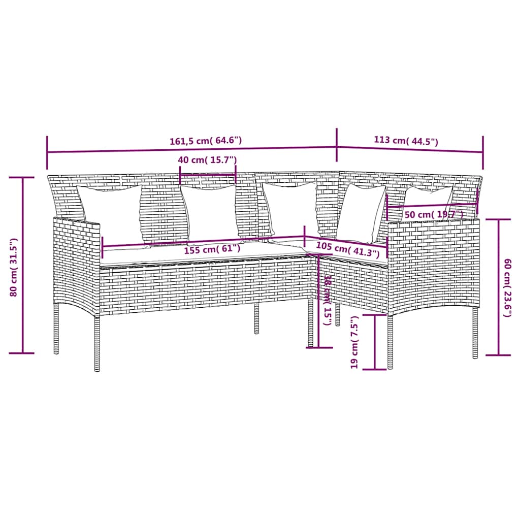 Loungeset Met Kussens L-Vormig Poly Rattan Grijs