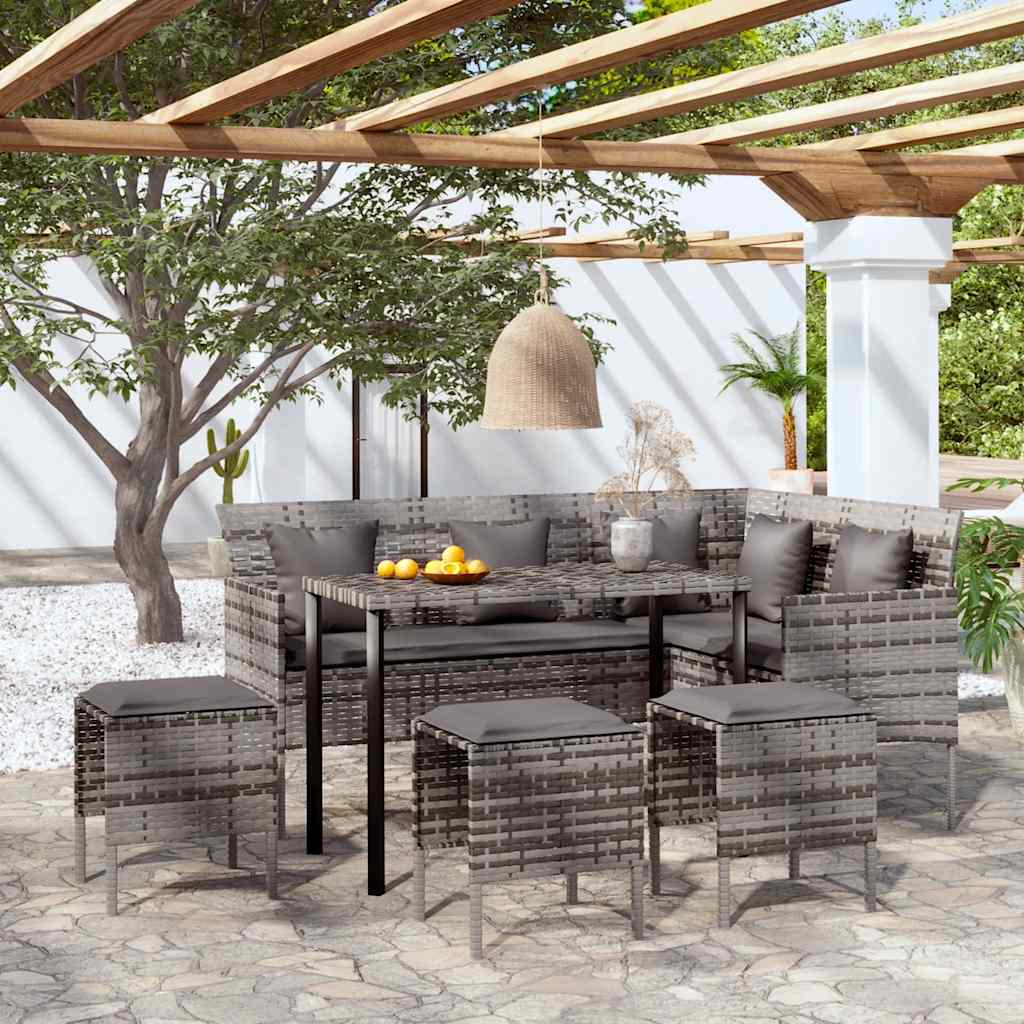 Loungeset Met Kussens L-Vormig Poly Rattan Grijs