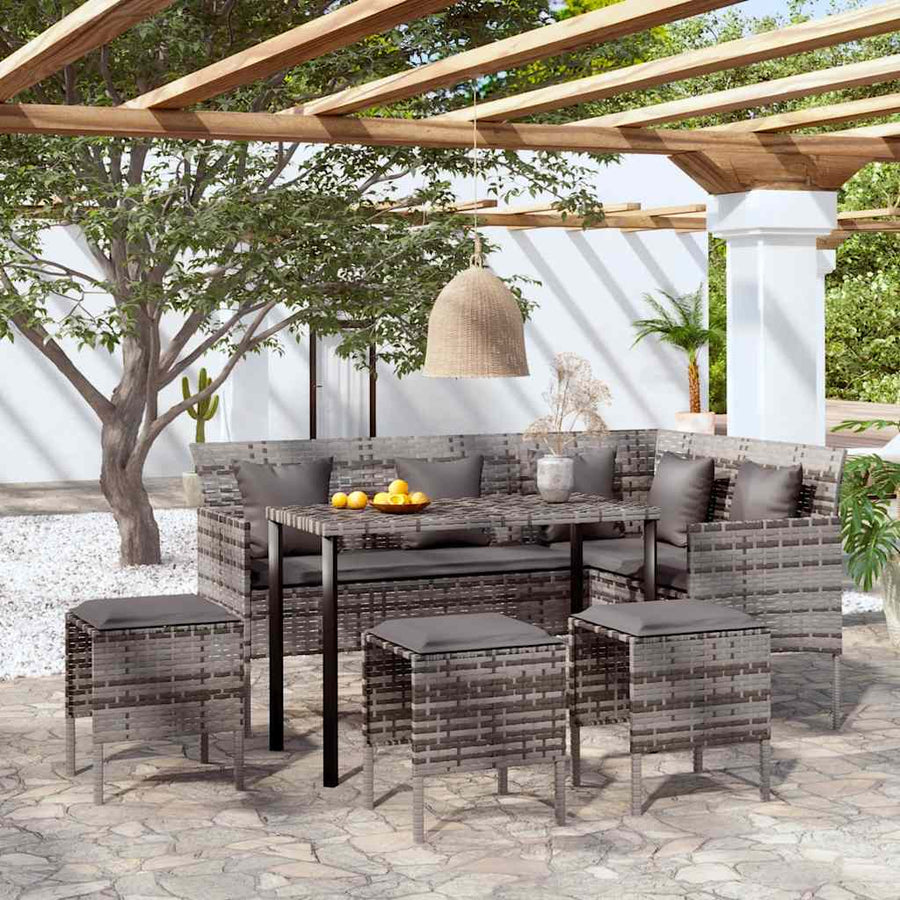 Loungeset Met Kussens L-Vormig Poly Rattan Grijs