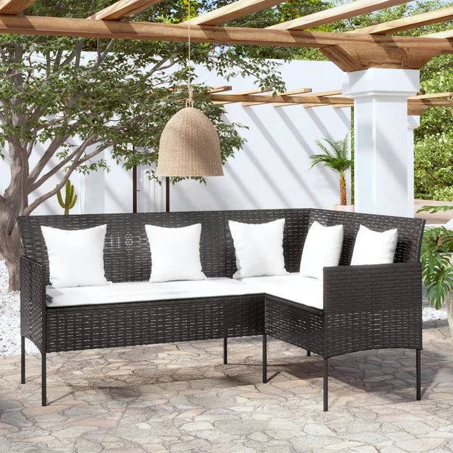 Loungebank Met Kussens L-Vormig Poly Rattan Zwart