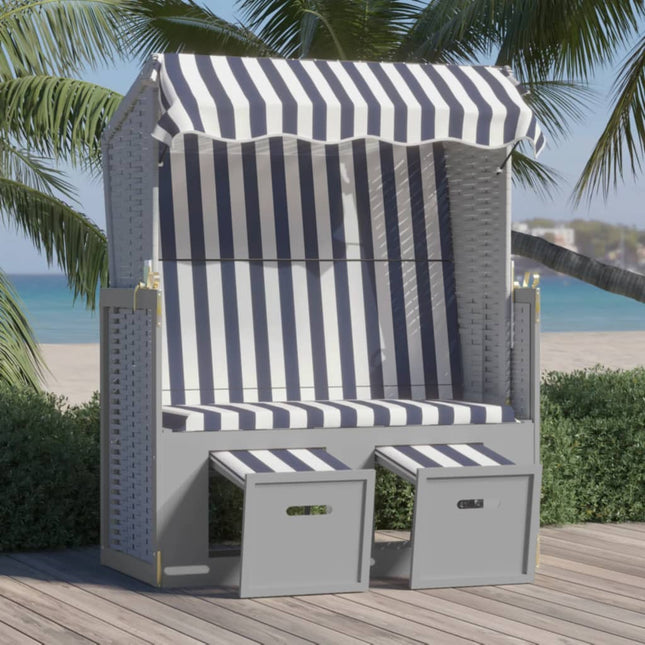 Strandstoel Met Luifel Poly Rattan En Massief Hout Blauw en wit