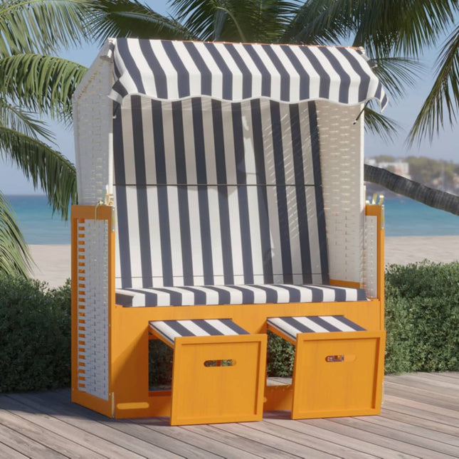 Strandstoel Met Luifel Poly Rattan En Massief Hout Wit en blauw