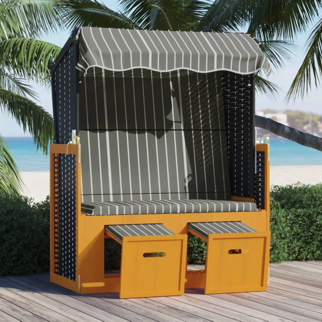 Strandstoel Met Luifel Poly Rattan En Hout Zwart en grijs