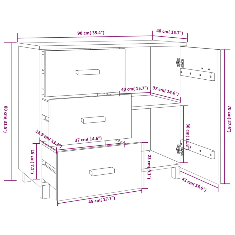 Dressoir Hamar 90X40X80 Cm Massief Grenenhout Lichtgrijs