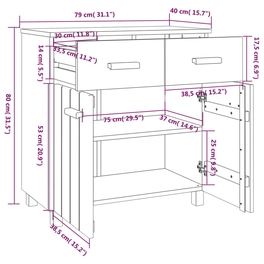 Dressoir Hamar 79X40X80 Cm Massief Grenenhout Honingbruin