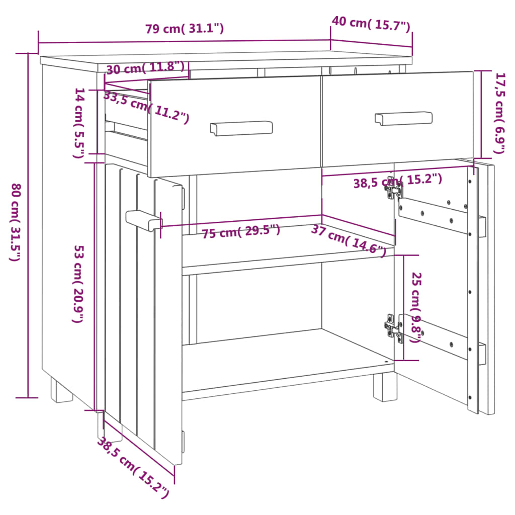 Dressoir Hamar 79X40X80 Cm Massief Grenenhout Lichtgrijs