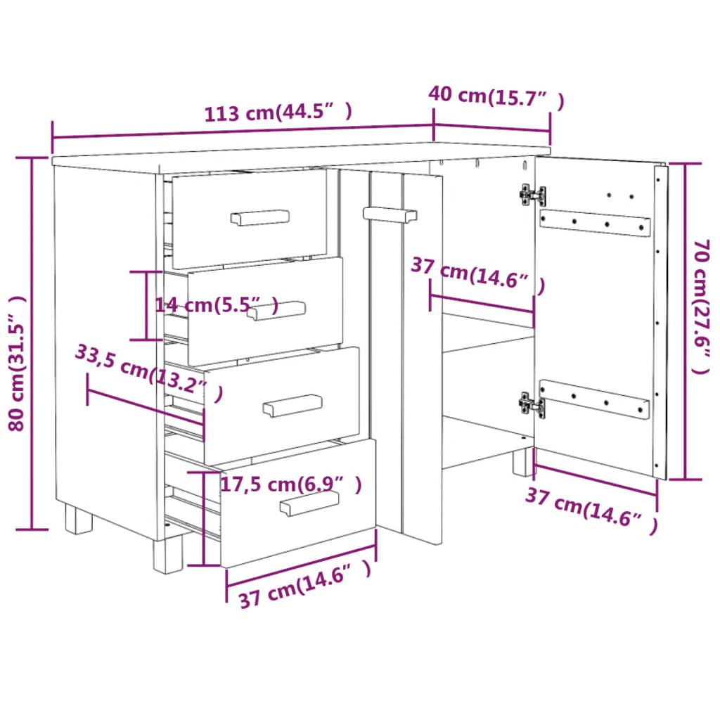 Dressoir Hamar 113X40X80 Cm Massief Grenenhout Donkergrijs