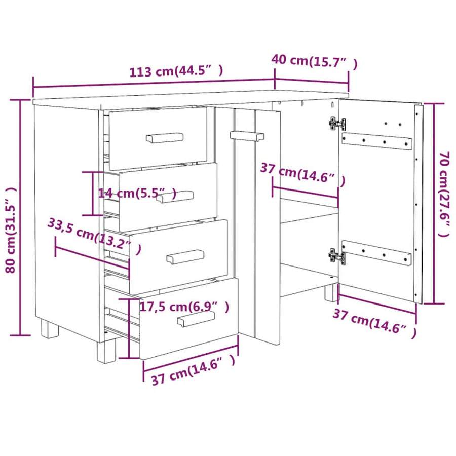 Dressoir Hamar 113X40X80 Cm Massief Grenenhout Donkergrijs