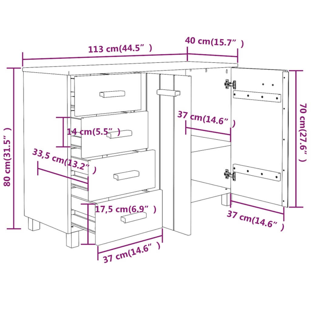Dressoir Hamar 113X40X80 Cm Massief Grenenhout Lichtgrijs