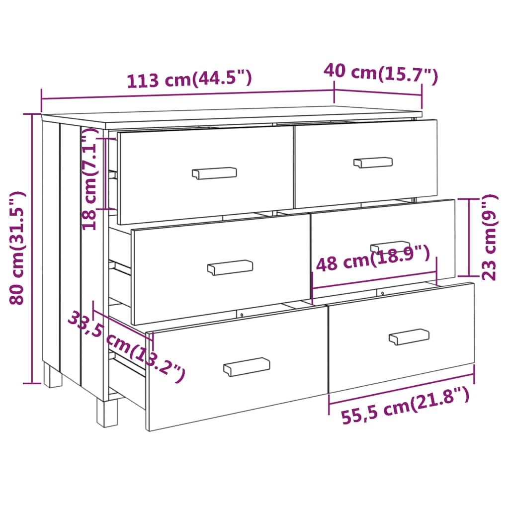 Dressoir Hamar 3X40X80 Cm Massief Grenenhout Donkergrijs