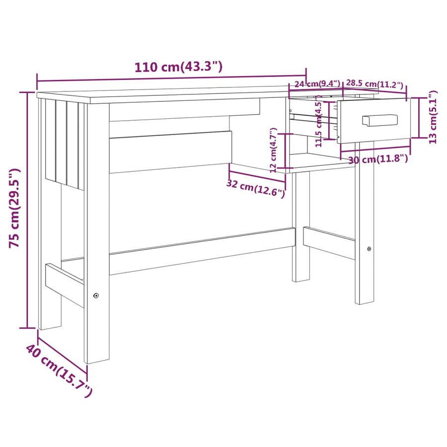 Bureau HAMAR 110x40x75 cm massief grenenhout donkergrijs Donkergrijs