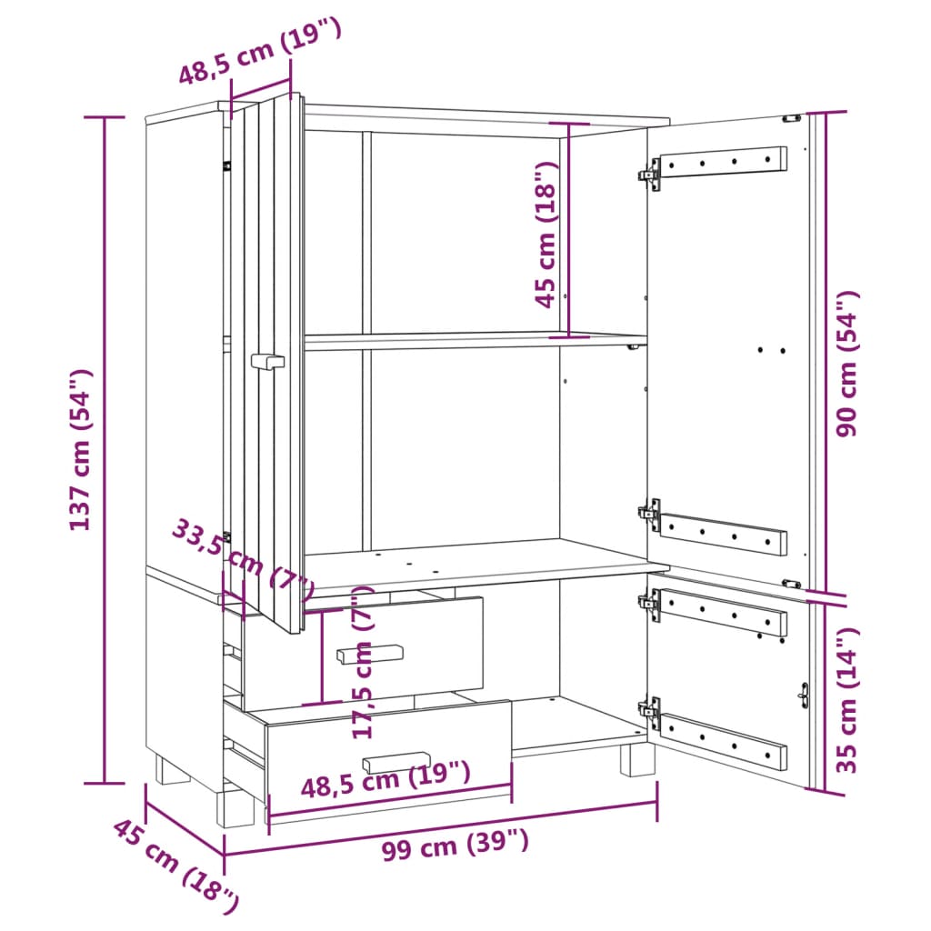 Kledingkast HAMAR 99x45x137 cm massief grenenhout wit