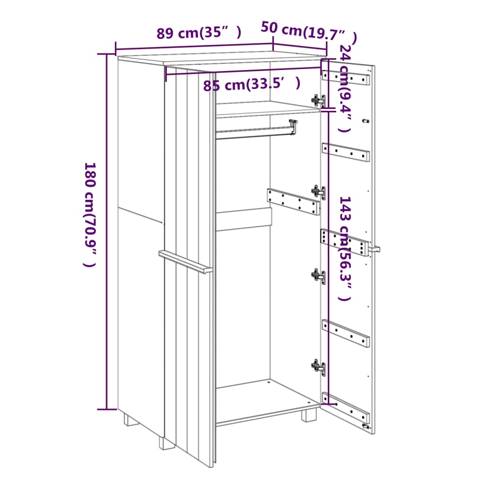 Kledingkast Hamar 89X50X180 Cm Massief Grenenhout Honing Bruin