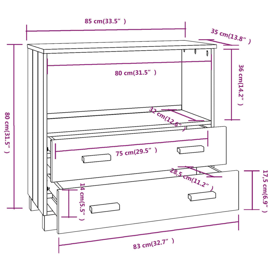 Dressoir Hamar 85X35X80 Cm Massief Grenenhout Honingbruin