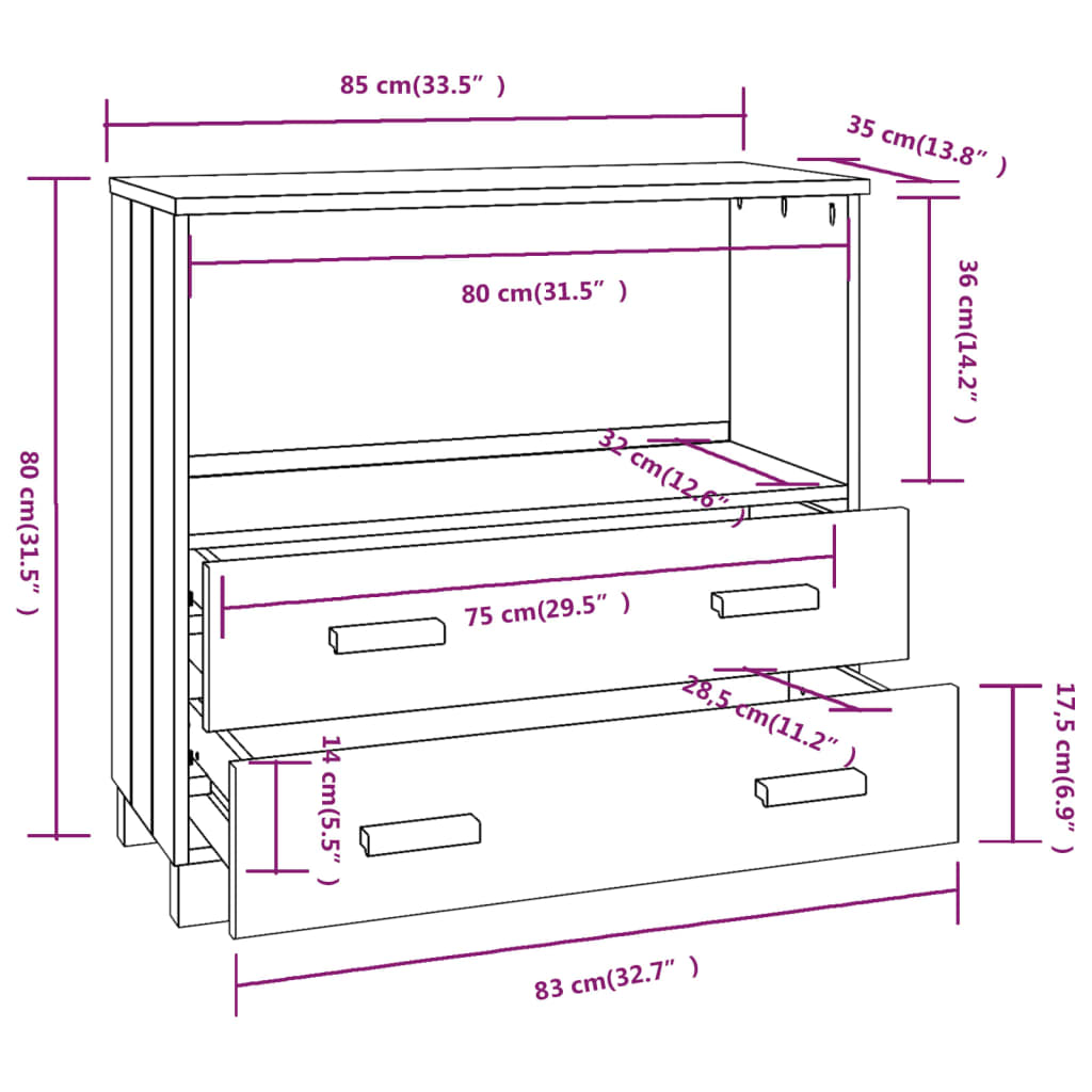 Dressoir Hamar 85X35X80 Cm Massief Grenenhout Wit