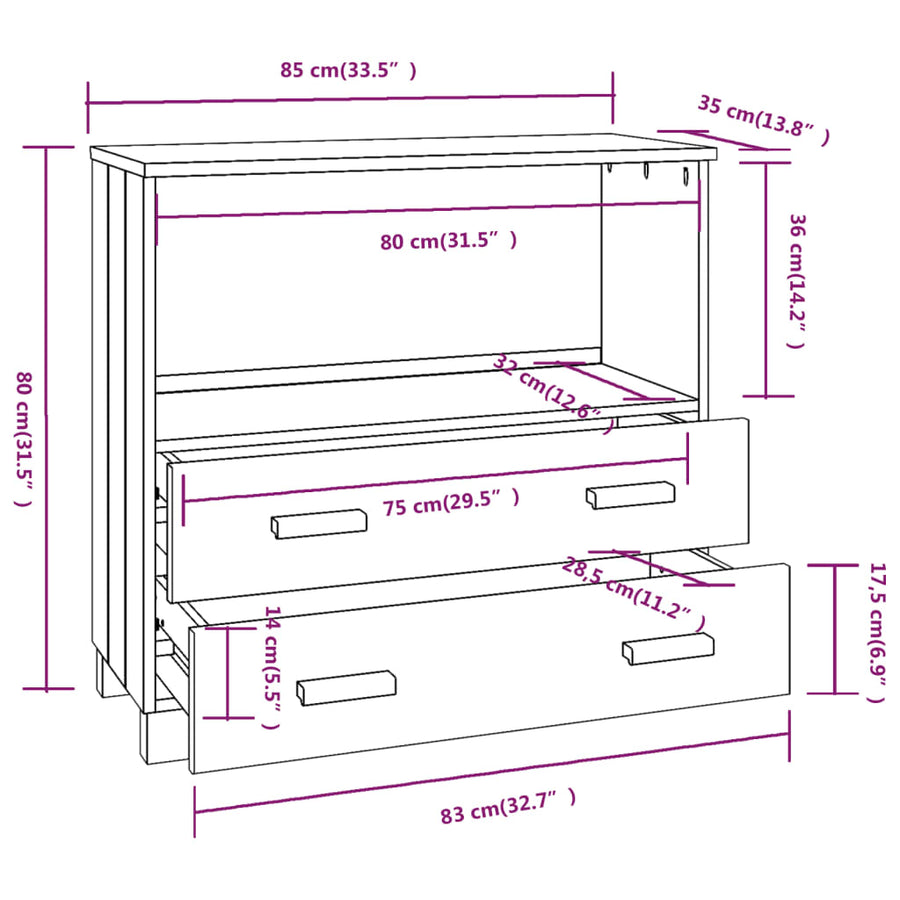 Dressoir Hamar 85X35X80 Cm Massief Grenenhout Lichtgrijs