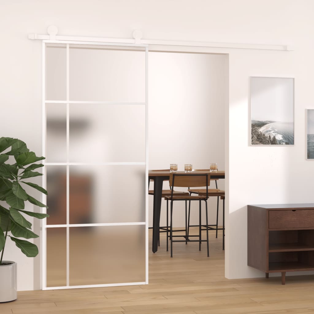 Schuifdeur 90x205 cm mat ESG-glas en aluminium wit 90 x 205 cm Mat
