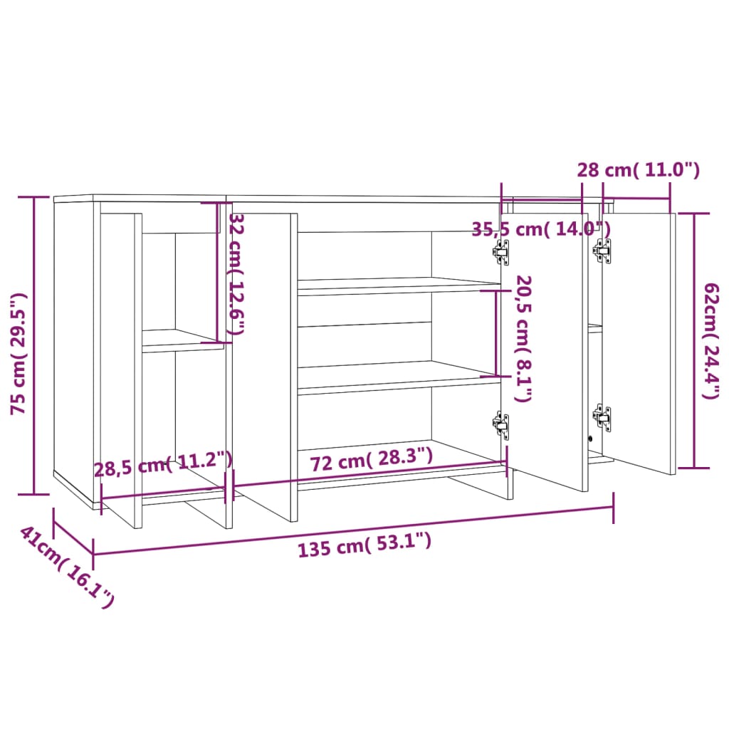 Dressoir 135X41X75 Cm Bewerkt Hout Hoogglans Wit