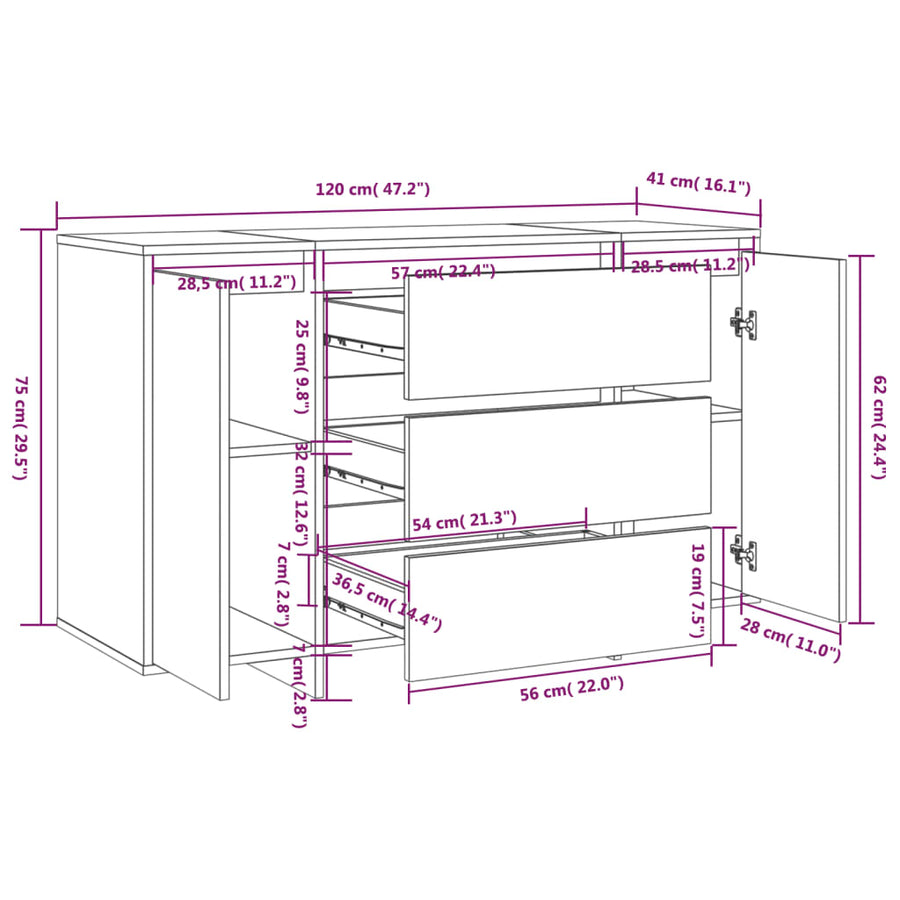 Dressoir Met 3 Lades 20X4X75 Cm Spaanplaat Hoogglans wit