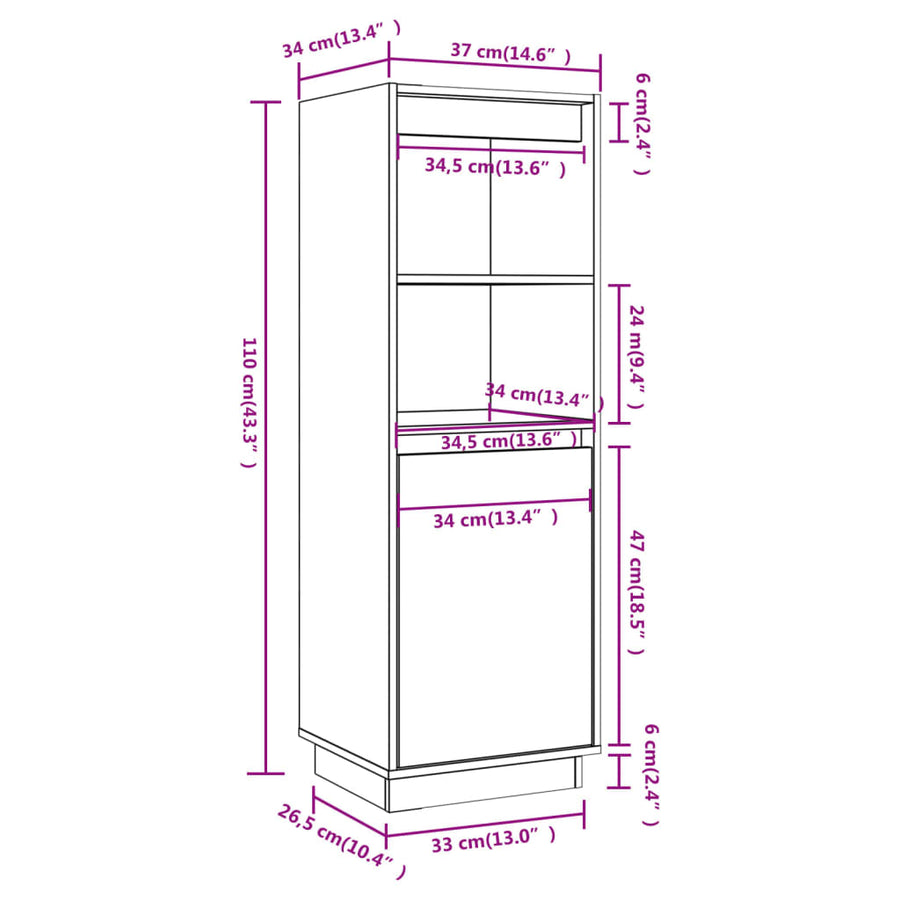 Hoge kast 37x34x110 cm massief grenenhout wit Wit