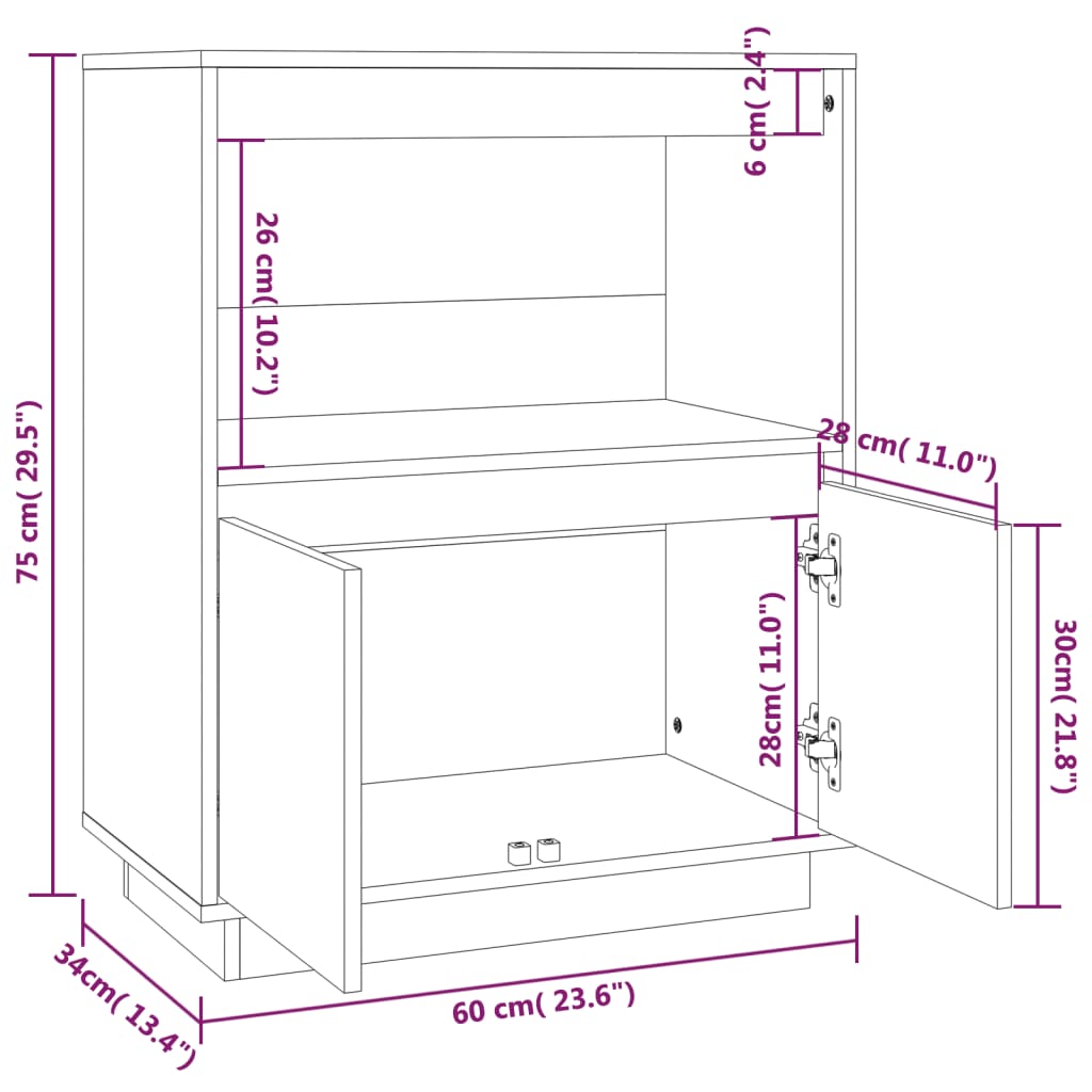 Dressoir 60X34X75 Cm Massief Grenenhout Wit