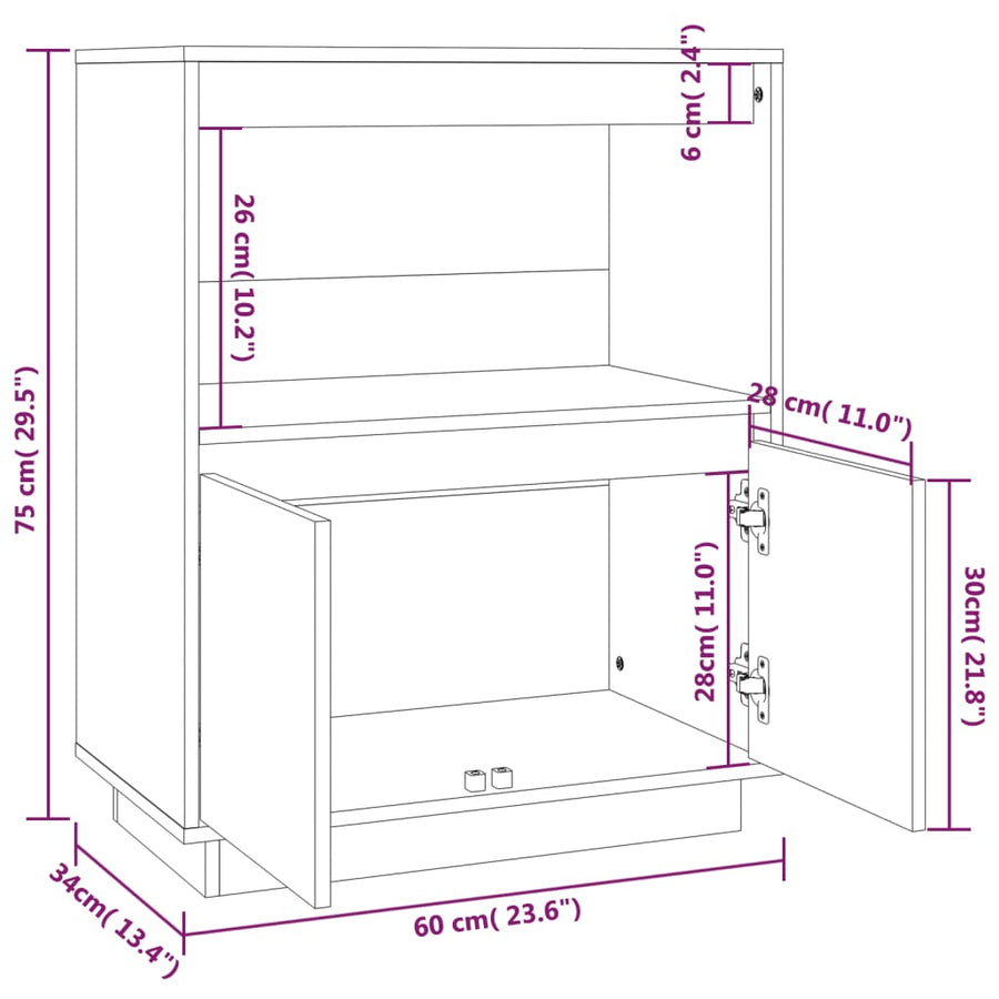 Dressoir 60X34X75 Cm Massief Grenenhout Wit