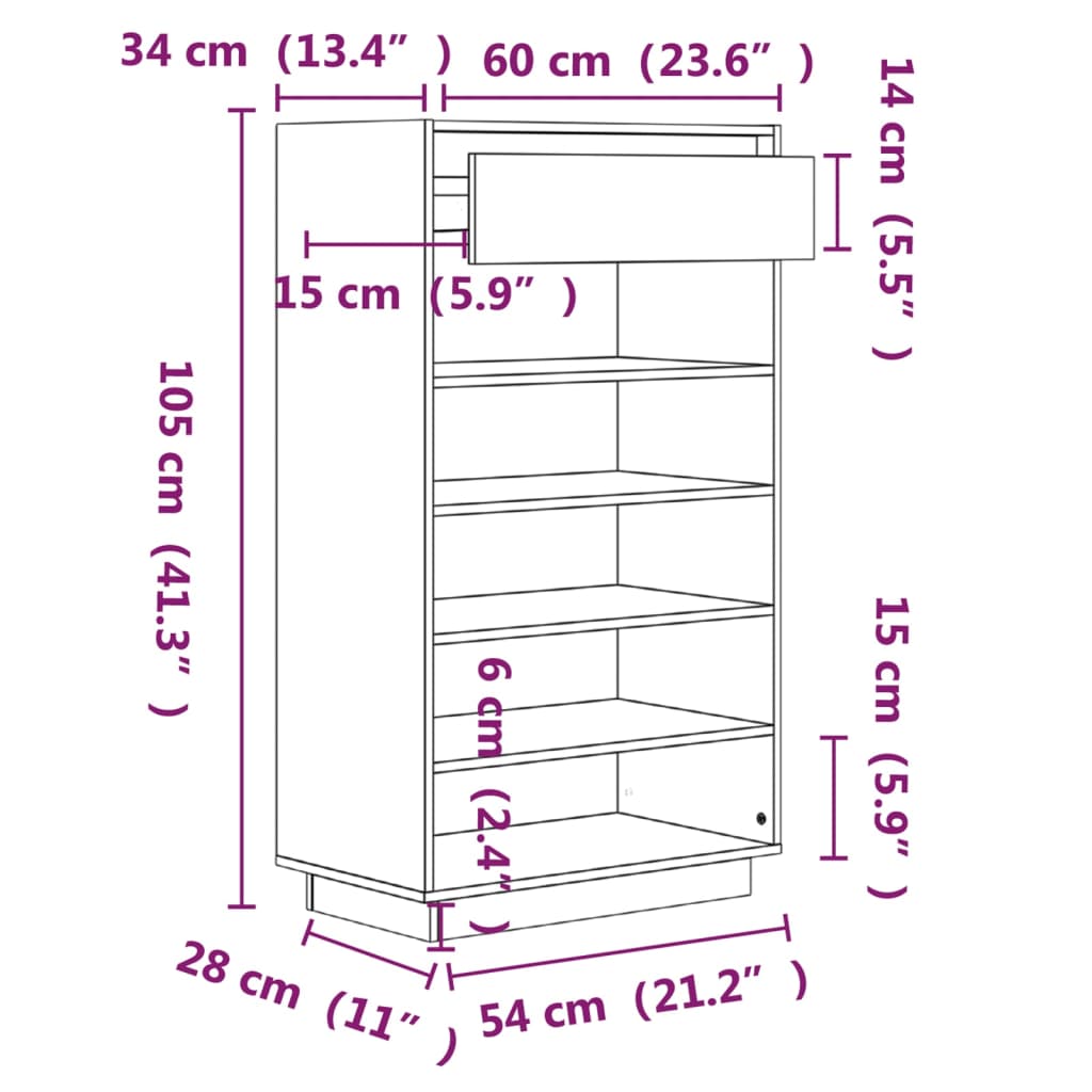Schoenenkast 60x34x105 cm massief grenenhout wit