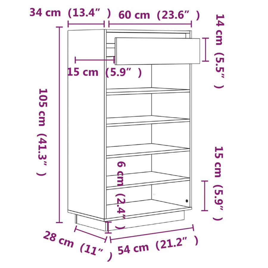Schoenenkast 60x34x105 cm massief grenenhout wit