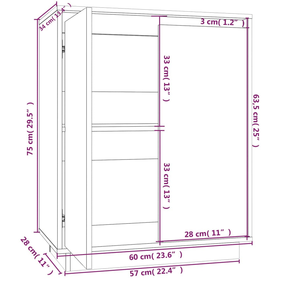 Dressoir 60x34x75 cm massief grenenhout wit Wit