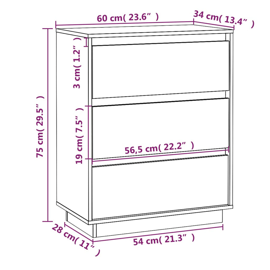 Dressoir 60x34x75 cm massief grenenhout wit Wit