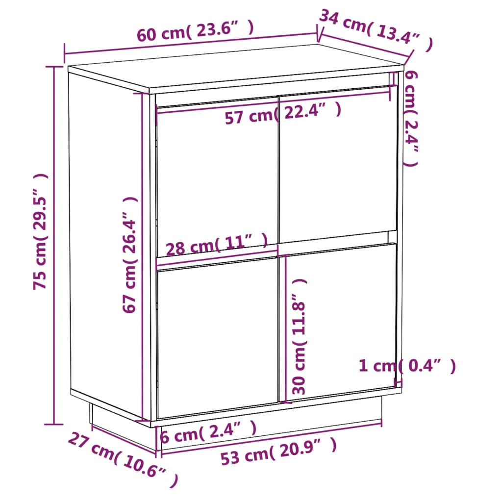 Dressoir 60X34X75 Cm Massief Grenenhout Wit