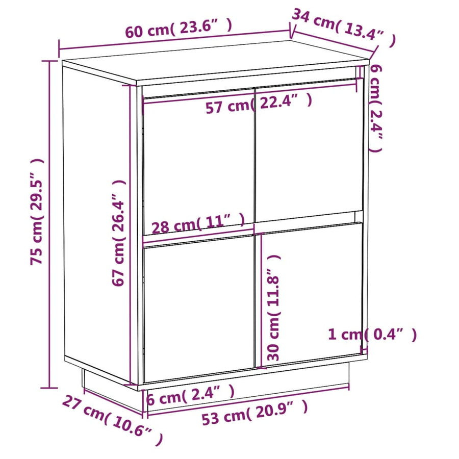 Dressoir 60X34X75 Cm Massief Grenenhout Wit