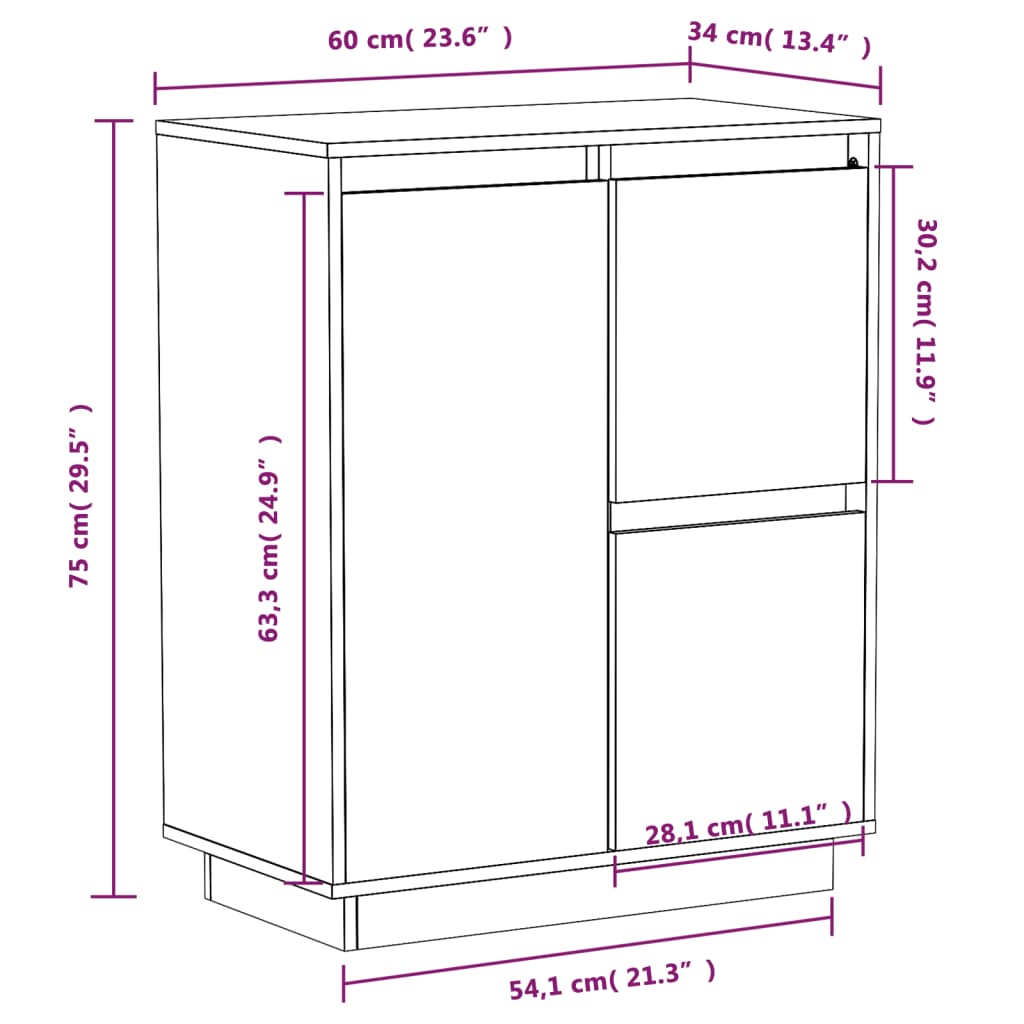Dressoir 60X34X75 Cm Massief Grenenhout Wit