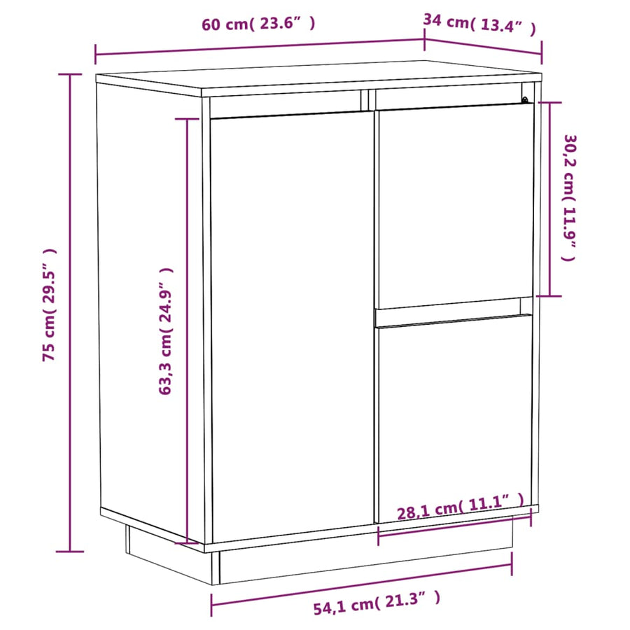 Dressoir 60X34X75 Cm Massief Grenenhout Wit