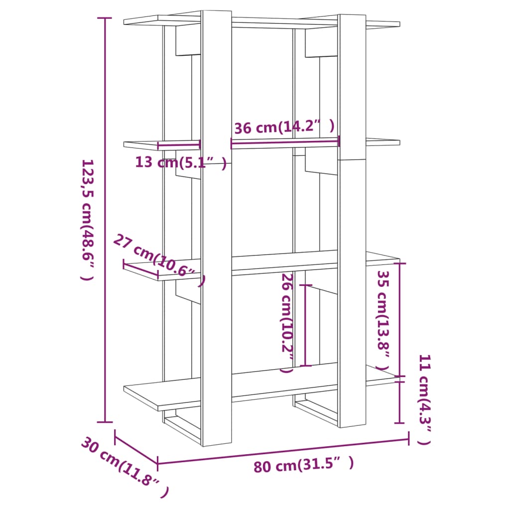 Boekenkast/Kamerscherm 80X30X23,5 Cm Eikenkleurig Grijs sonoma