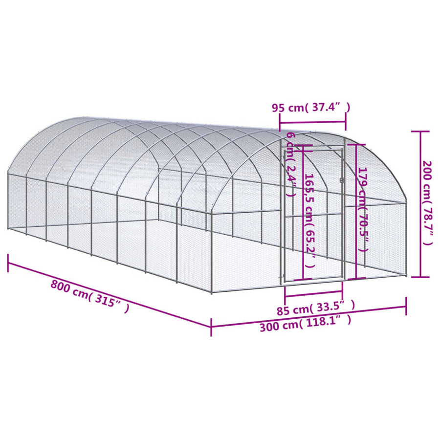 Kippenren 3x8x2 m gegalvaniseerd staal 3 x 8 x 2 m
