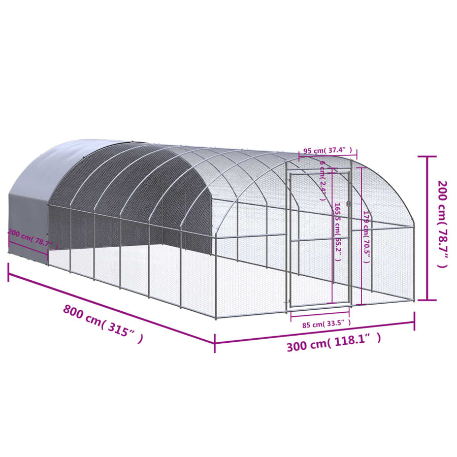 Kippenren 3x8x2 m gegalvaniseerd staal 3 x 8 x 2 m