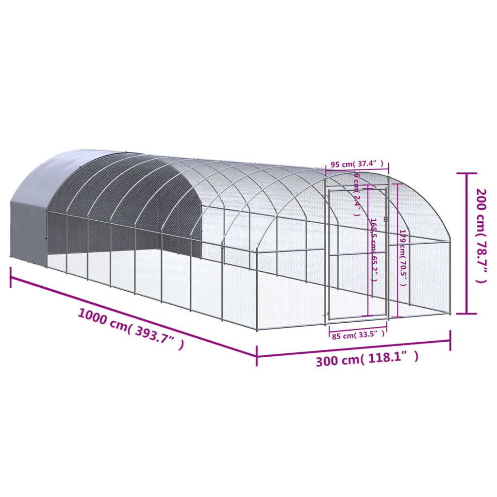Kippenren 3x10x2 m gegalvaniseerd staal 3 x 10 x 2 m