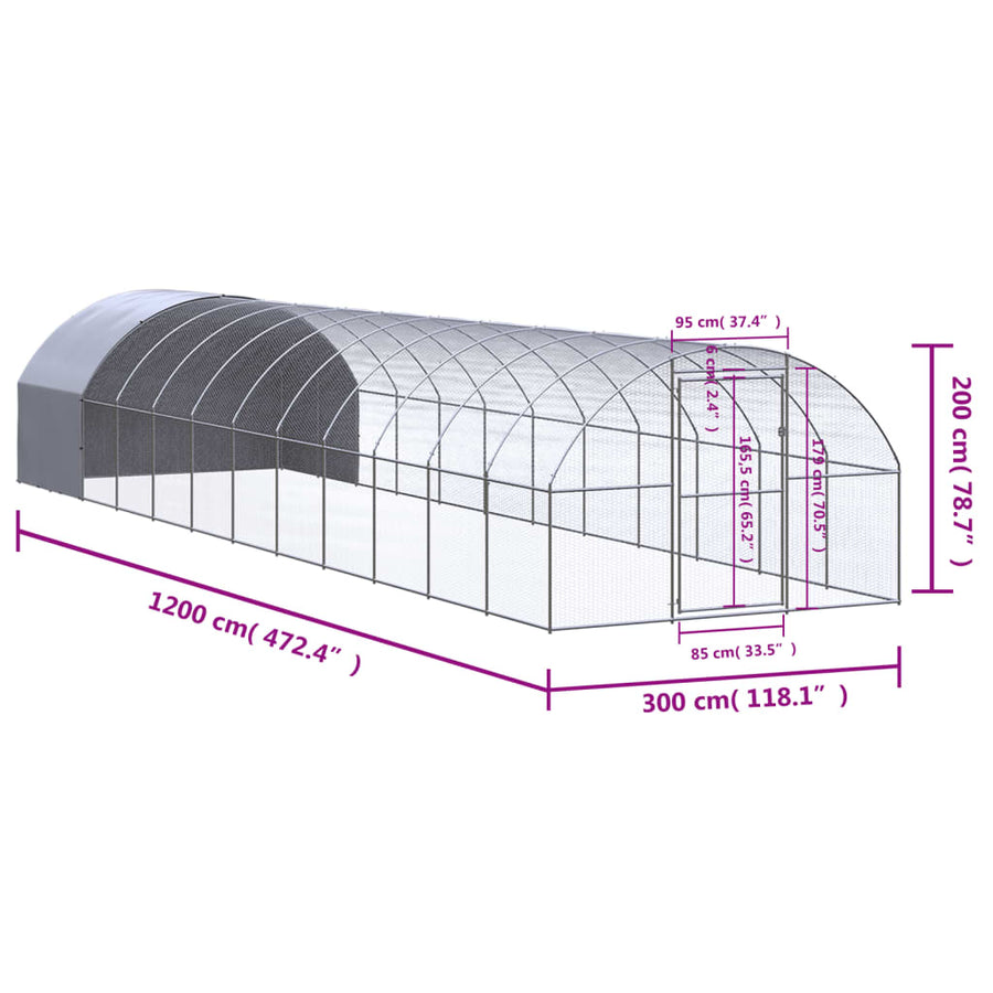 Kippenren 3x12x2 m gegalvaniseerd staal 3 x 12 x 2 m