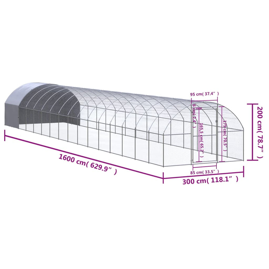 Kippenren 3x16x2 m gegalvaniseerd staal 3 x 16 x 2 m Met luifel