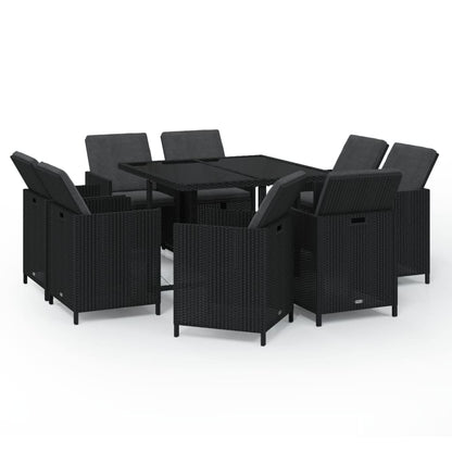 9-Delige Tuinset Met Kussens Poly Rattan Zwart 109 cm tafellengte 8x Fauteuil + Tafel
