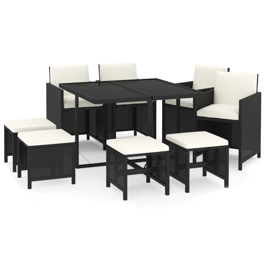 9-Delige Tuinset Met Kussens Poly Rattan Zwart En Wit 109 cm tafellengte 4x Fauteuil + 4x voetensteun + Tafel