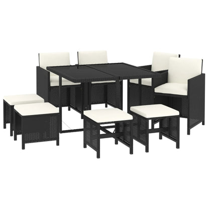9-Delige Tuinset Met Kussens Poly Rattan Zwart En Wit 109 cm tafellengte 4x Fauteuil + 4x voetensteun + Tafel